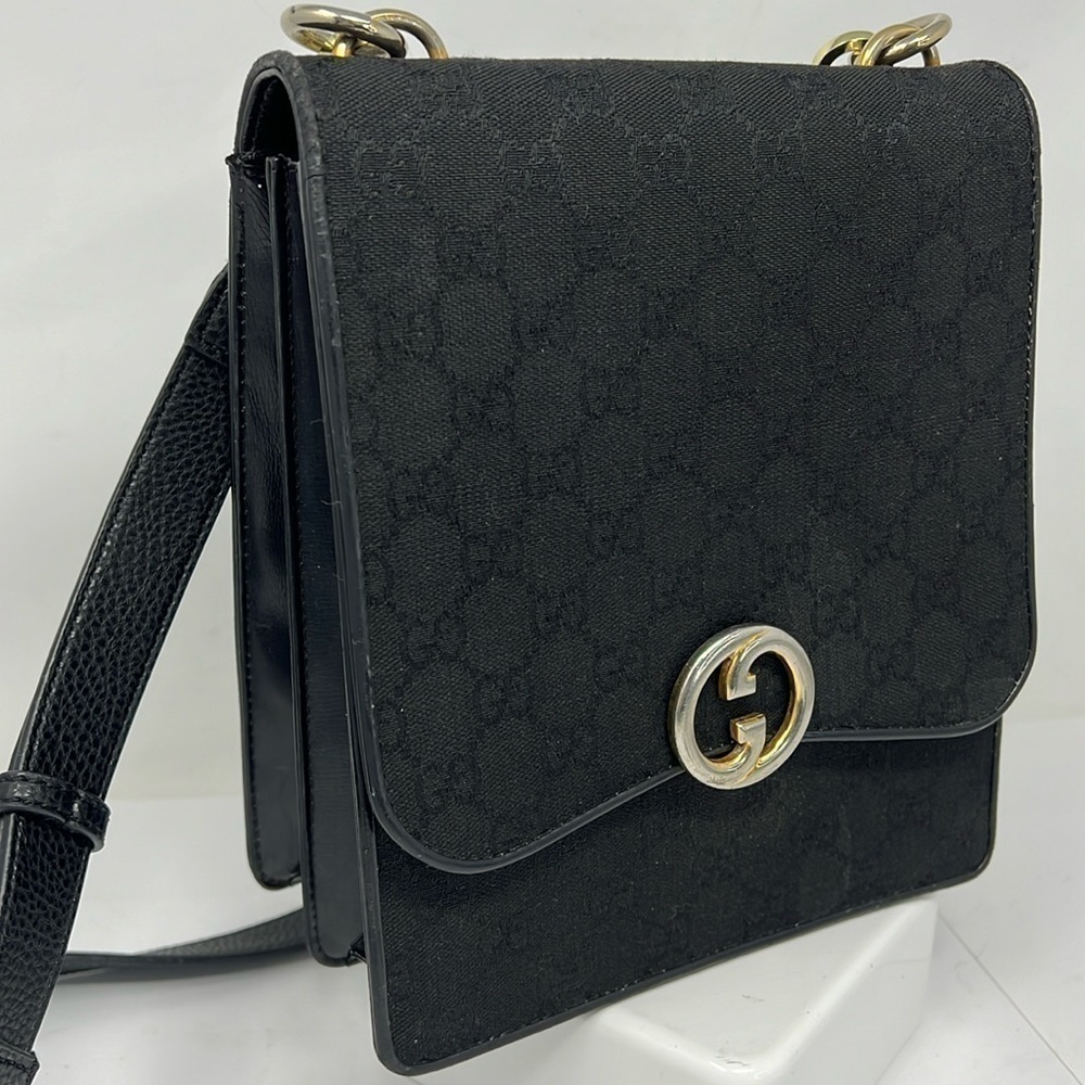 Gucci 70s Black Logo Canvas Structured Double Compartment Shoulder Crossbody Bag